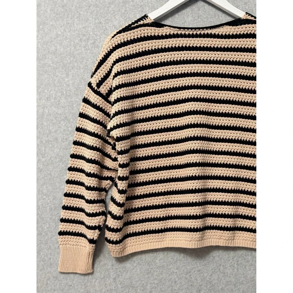 Kaileigh Striped Crochet Sweater Size Small Black Tan 100% Cotton Boxy Fit